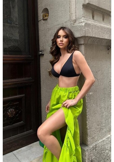 Audrey Fıfrlı Yırtmaç Detay Etek 4037 Fistik Yeşi Li