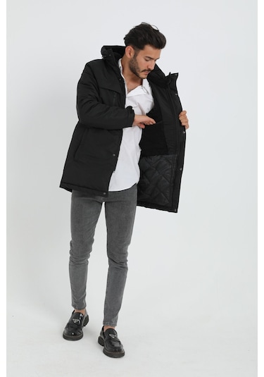 Erkek Siyah Içi Polarlı Su Ve Rüzgar Geçirmez Kapüşonlu Kışlık Mont & Kaban & Parka Siyah