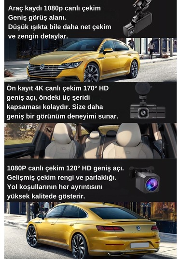 Wearfitpro F6 4k 1080p Monitörlü Gece Görüşlü 3 Kanal Araç İç Dış Kamera