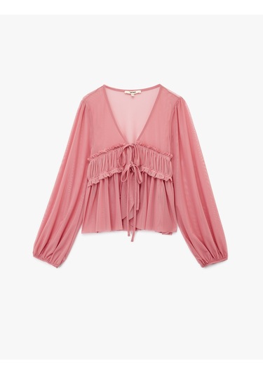 Koton Uzun Kollu Bağlamalı Fiyonk Detaylı Yarı Transparan V Yaka Fırfırlı Bluz Pembe 6wak80130ek Gül