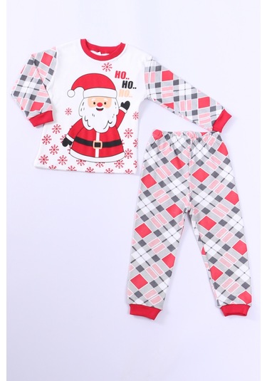 Çocuk Yılbaşı Pijama Takımı Noel Baba Baskılı Ribanalı D8 KREM Krem
