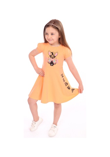 Toontoy Kız Çocuk Bisiklet Yaka Zebra Baskılı Elbise Turuncu