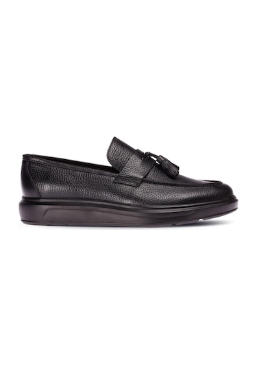 Deery Hakiki Deri Püsküllü Siyah Comfort Erkek Loafer Siyah