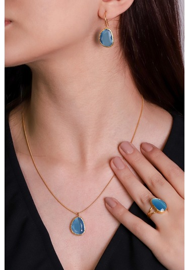 Beyisa Güneş Taşı Serisi Fasulye Kesim Mavi Renkli Kadın Üçlü Otantik Gümüş Takı Seti