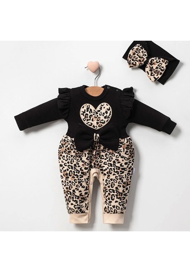 Candar 3-9 Ay Kız Bebek Tulum Leopar Fiyonklu Siyah Siyah