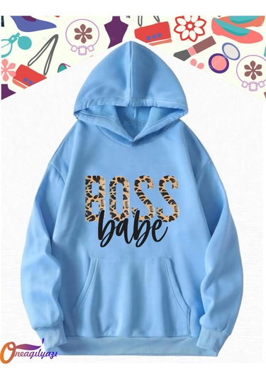 Boss Leopar Kadın Sweatshirt Hoodie Mavi