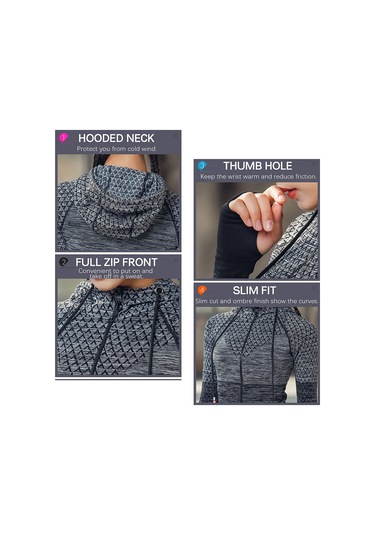 Geeroyoo Kadın Spor Montu, Hoodlu, Ceket, Parmak Delikli, Dokuma Desenli, İç Ve Dışarı Aktiviteler İçin, Slim Fit, Mavi, Asya Bedeni M Dp-wt002