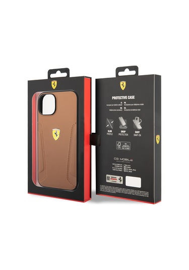 İphone Uyumlu 14 Kılıf Ferrari Lisanslı Deri Kenarları Damgalı Dizayn Kapak Kahverengi