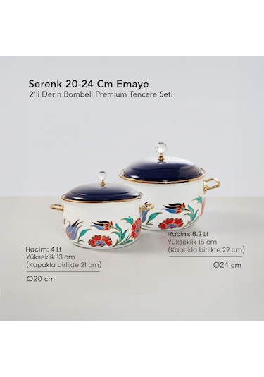 Serenk 20-24 Cm Emaye 2'li Derin Bombeli Premium Tencere Seti Çok Renkli