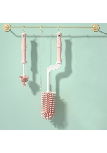 Neevoyu Youha Silikon Biberon Temizleme Seti - 360 Derece Döner Yumuşak Saplı Fırça + Emzik Fırçası + Pipet Fırçası - Deniz Buhar Mavisi