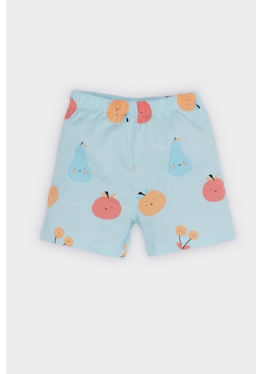 DeFacto Kız Bebek Pijama Takımı Desenli Kısa Kollu Penye Üst Beli Lastikli Şort E9604A525SMBE54 Mavi