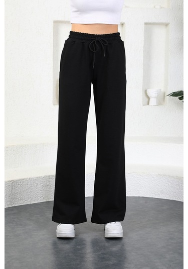 Kallima Siyah Mevsimlik Salaş Rahat Bol Paça Kadın Eşofman Altı Siyah