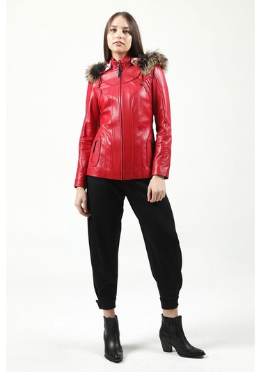 Dericlub Mistral Kadın Kapüşonlu Hakiki Deri Kaban B.kırmızı B.kırmızı Kırmızı
