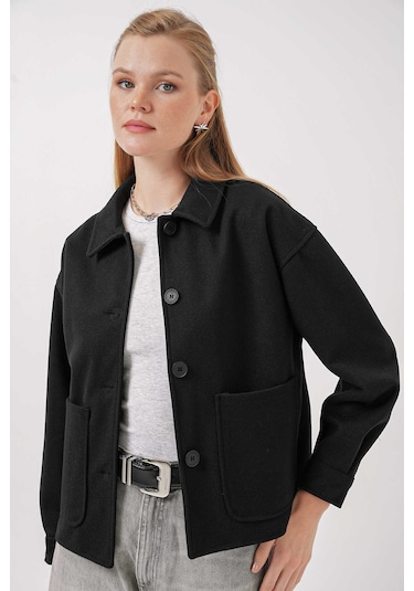 Gabria Çift Cepli Kısa Kaşe Ceket Siyah