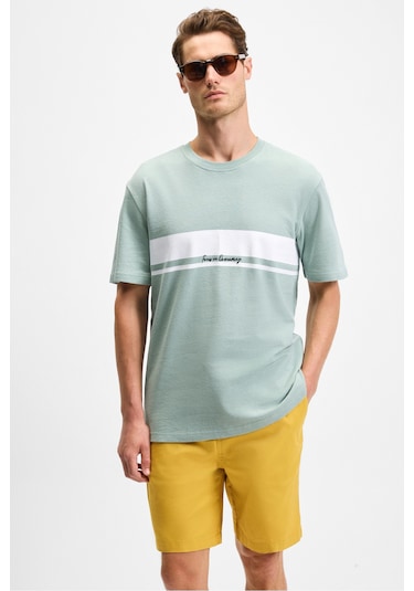 LAMINE Erkek Baskı Ve Nakış Detaylı %100 Organik Pamuk Bisiklet Yaka Kısa Kollu Regular Fit Yeşil T-