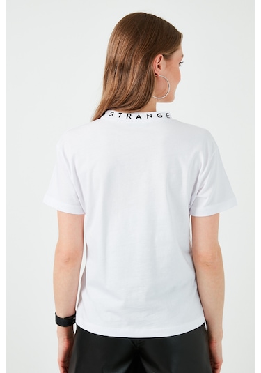 Lela Yakası Baskılı Bisiklet Yaka Basic Örme Bayan T Shirt 5864054 Beyaz