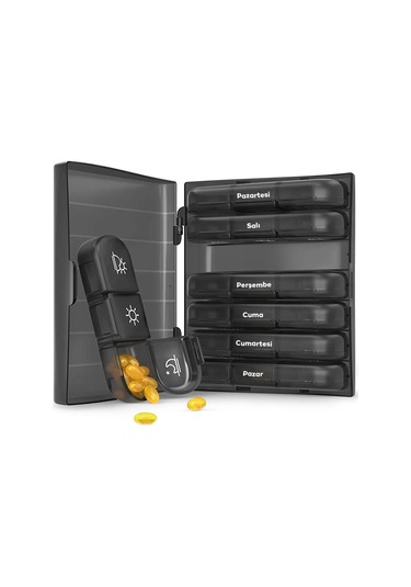 Ally Taşınabilir 7 Günlük Haftalik Hap Ilaç Vitamin Saklama Kutusu Kabı - Sıyah Siyah