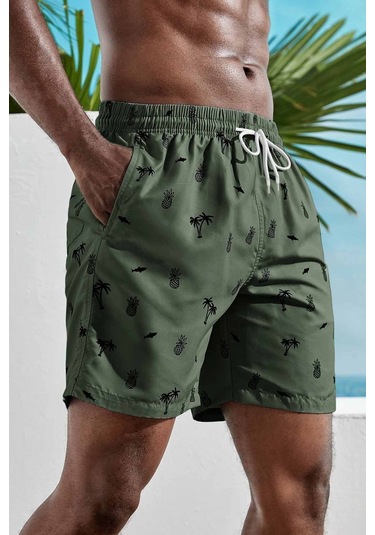 Angelsin Erkek Basic Standart Boy Ananas Ve Palmiye Baskılı Mayo Cepli Deniz Şortu 001