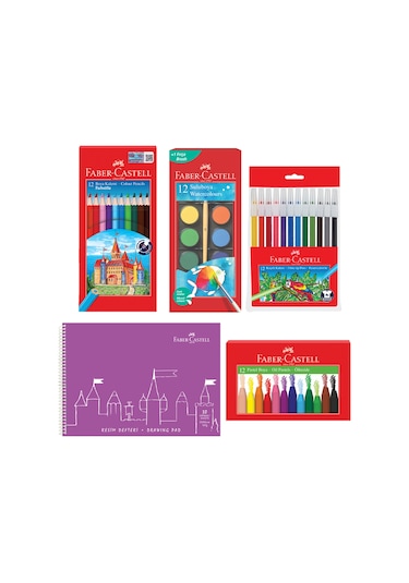 Faber-Castell Boyama Seti ve 25x35 Resim Defteri – Sulu, Pastel, Keçeli, Kuru Boya ile (Karma Renk Gönderilir)