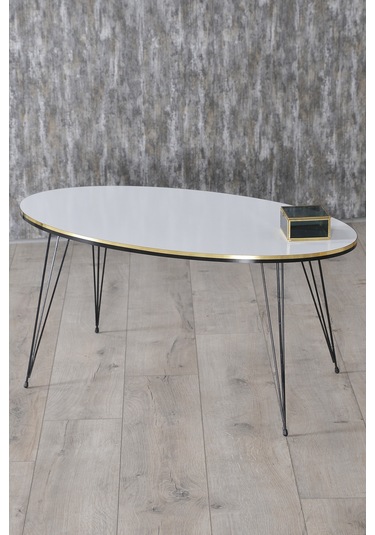 Zigon Sehpa Ve Orta Sehpa Elips Set Siyah Tel Ayak Çift Altın Bey