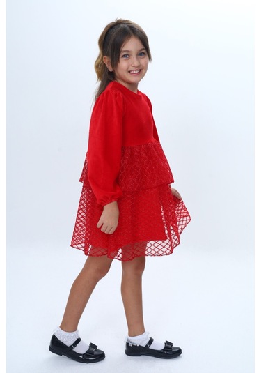 Toontoy Kız Çocuk Kadife Kat Kat Fırfır Detaylı Elbise Kırmızı