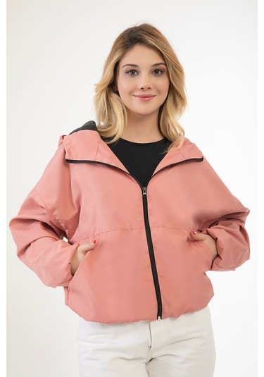 Riverstorm Kadın Pudra Su Ve Rüzgar Geçirmez Kapüşonlu Cepli Oversize Yağmurluk - Rüzgarlık Pudra