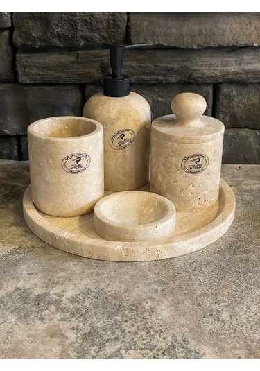 Bej Traverten Doğaltaş 5'li Banyo Seti Beyaz