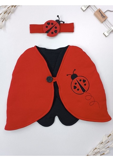 Kırmızı & Bandanalı Uğur Böceği Kostümü - Kız Çocuk Doğum Günü Kostümü Seti Kırmızı - Siyah