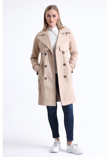 Pastelastore Esnek Pamuk Gabardin Midi 95cm Astarsız Kadın Trençkot 1118 Bej