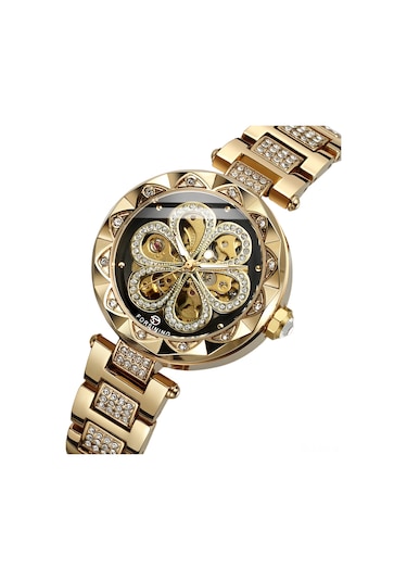 Vkemall Kadınlar İçin Otomatik Mekanik Saat, Gümüş Çelik Kordon, 30m Su Geçirmez, 33mm Taşlı Açık Desenli Siyah-altın Yüz Gold