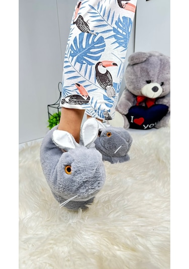 Kadın Panduf Tavşan Figürlü Peluş Ev Botu Desenli Düz Taban Rahat Hafif 359 Gri