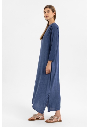 Mavi İşlemeli Uzun Kollu Astarsız Pamuklu Uzun Elbise-mavi