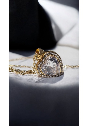 Işıltılı Taşlı Kalp Kolye Altın Renk Zarif Kadın Takı Modeli