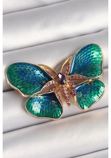 Pirinç Gold Renk Turquaz Model Zirkon Taş Detaylı Kelebek Model Renkli