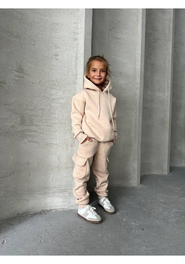 Üç İplik Kapüşonlu Şardonlu Takım Kahverengi - Beyaz