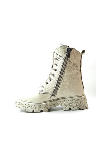 Onlo Ayakkabı R.301 Deri Ekru Kürklü Fermuarlı Kız Çocuk Bot Ekru