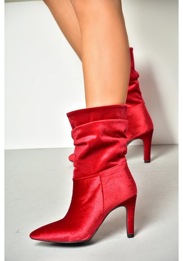 Fox Shoes R404020339 Bordo Kadife İnce Topuklu Büzgülü Kadın Bot Bordo