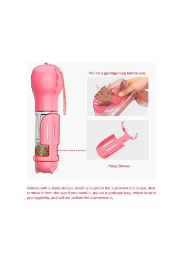 Xiyyadms Taşınabilir 4 Ü 1 Arada Köpek Su Kabı - 300ml, Gıda Saklama, Çöp Torbası Ve Kürek Dahil - Pembe Renk Seçeneği