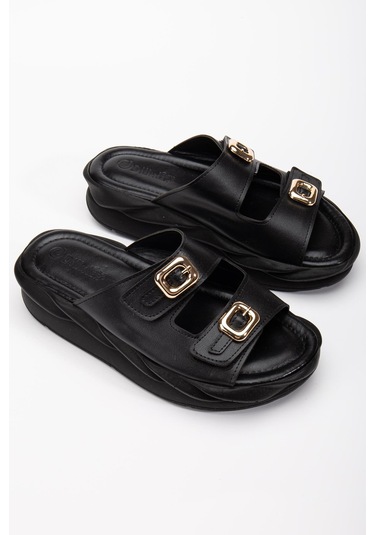 Kadın Dolgu Taban Terlik Siyah 2 Bantlı Suni Deri-3845 Siyah