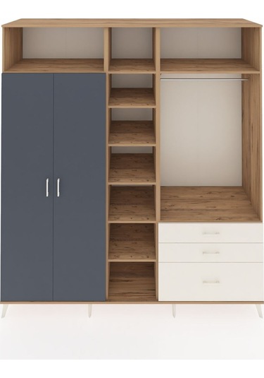 Kronos Dolap 9 Raflı 3 Çekmeceli 2 Askılı 220x59x243 Çam-antrasit/aytaşı Antrasıt/aytası