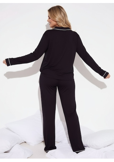 Merlot Düğmeli Biyeli Pijama Takımı Siyah