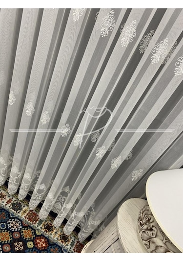 Tül Perde Taç Marka Fesli Desen Etek Bohreli Serpme Desenli Tül-2 Çok Renkli