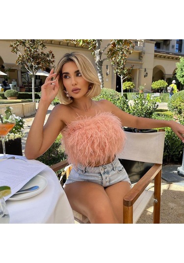 Yaz Modası Kabarık Çok Renkli Kolsuz Tüylü Kılıf Üst Pembe