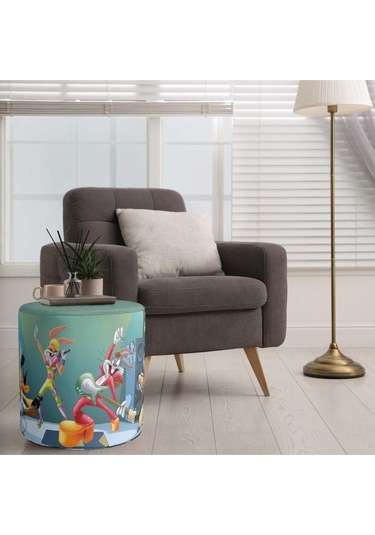 Looney Tunes Teams Singing Puf Warner Bros Lisanslı, Süet Kumaş, Uluslararası Solmama Sertifikası Çok Renkli
