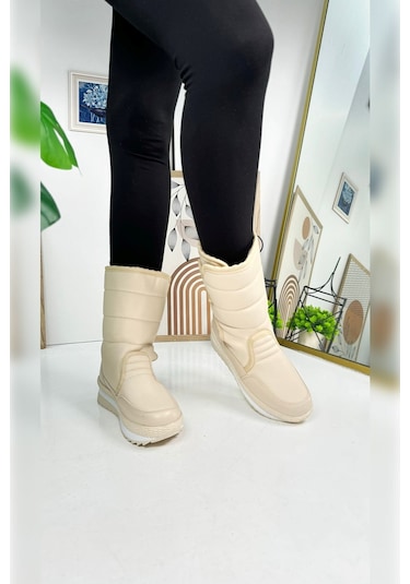 Nstil Alves Unisex Kadın - Erkek - Çocuk Kar Botu İçi Kürklü Cırt Cırtlı Kaymaz Taban Ayakkabı 802 Bej