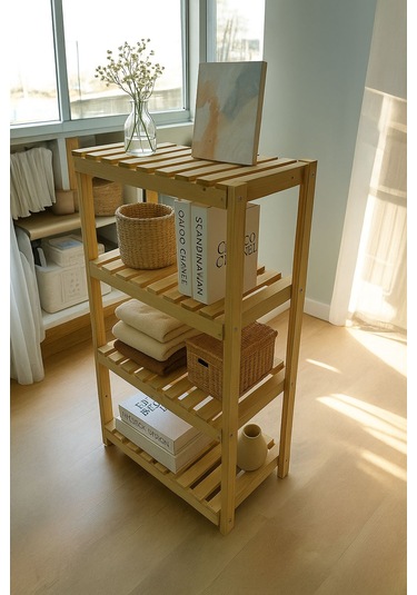 Doğal Ahşap 4 Katlı Dekoratif Raf Beyaz - Çam