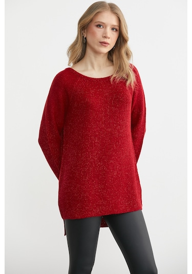 Sementa Yuvarlak Yaka Arkası Uzun Triko Kazak - Kırmızı Kırmızı