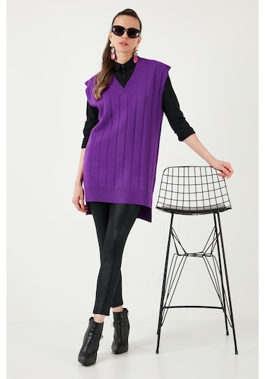 Lela V Yaka Arkası Uzun Triko Bayan Süveter 4616088Y Mor