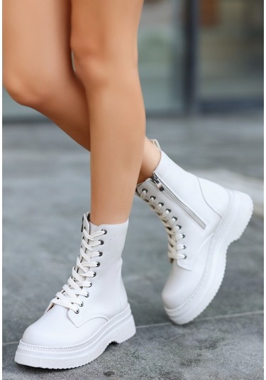 Rxn Bej Cilt Bağcıklı Suni Deri Yandan Fermuarlı İçi Pedli Bot Bej