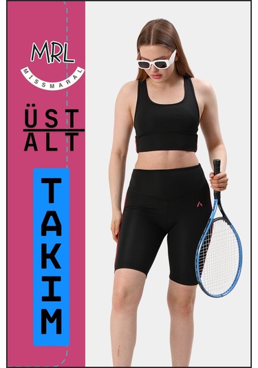 Kadın Siyah Takım Alt-üst Kısa Şort-tayt Ve Pedli Sporcu Büstiyer 2li Set Gül Kurusu Biyeli Elt3043 Siyah Gül